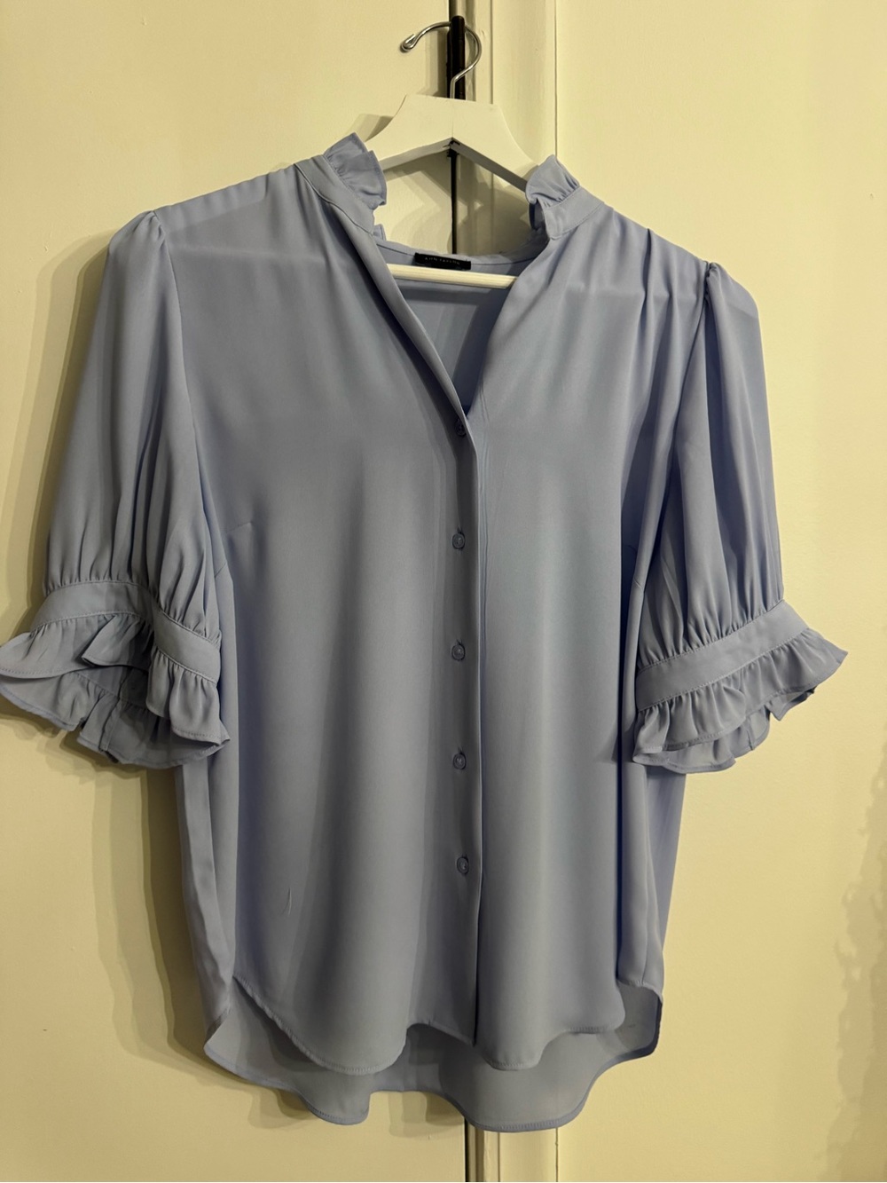 Ann Taylor Light Blue Ruffle Sleeve Button-Front Blouse